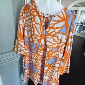 Jude Connally Orange and Blue Mini Dress
-shorter version of last photograph